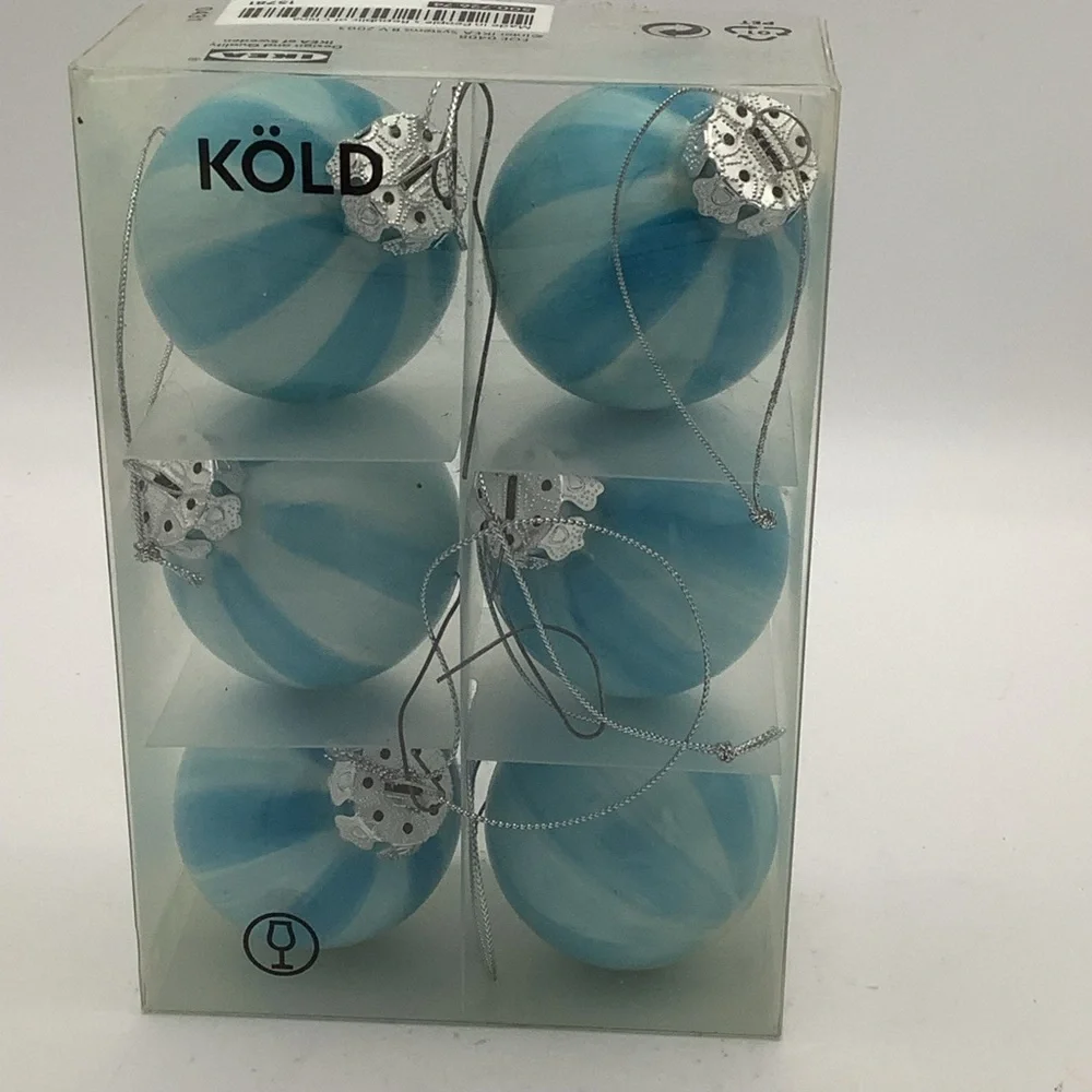 IKEA KÖLD Light Blue and White Marbled Glass Ornament Set of Six
